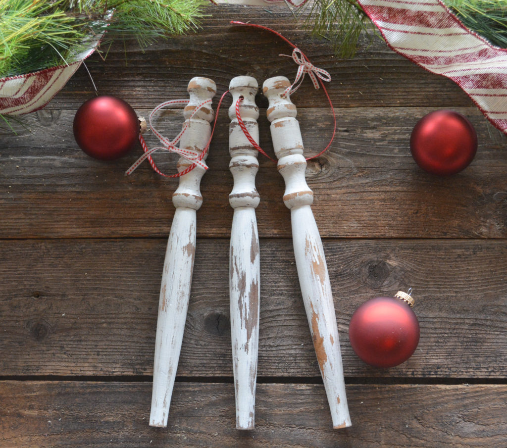 DIY white chippy spindle Christmas ornaments