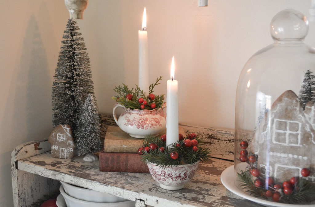 red and white transferware Christmas display