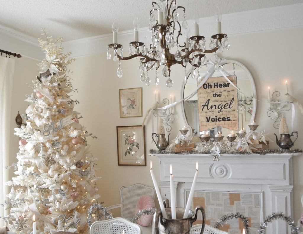 Vintage cream Christmas tree in dining room
