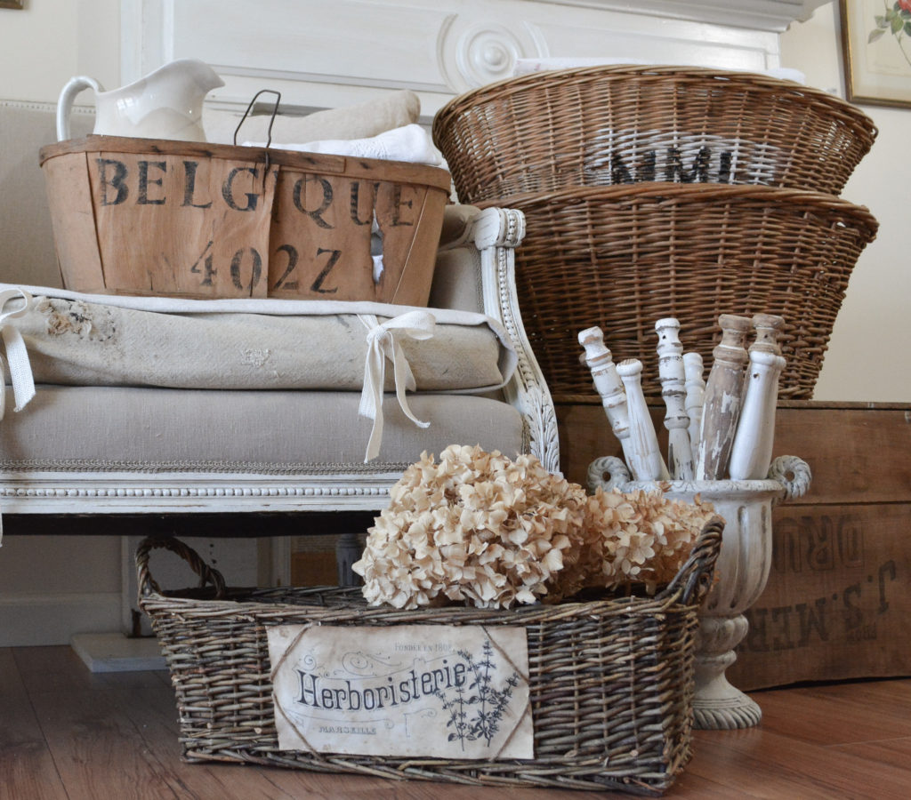 Thrift store baskets up cycled into French farmhouse decor