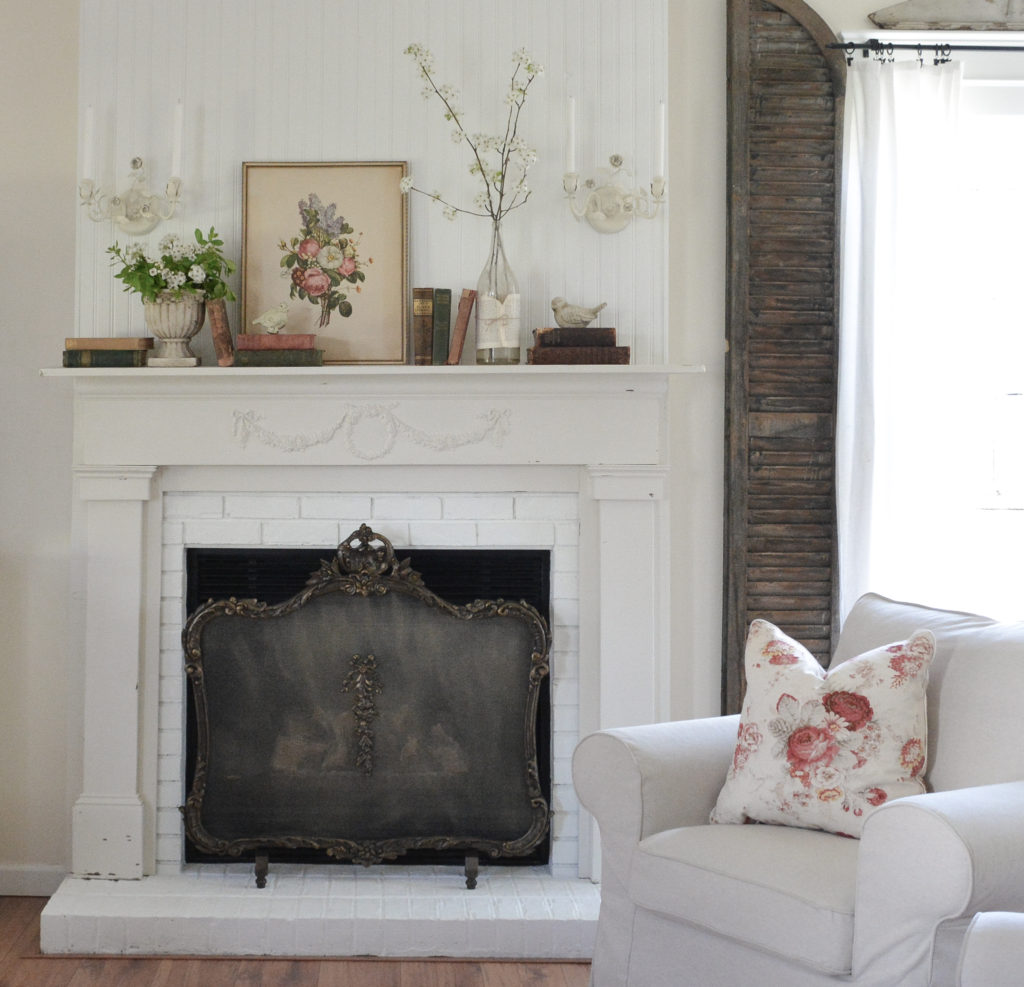Vintage fireplace mantel and diy screen