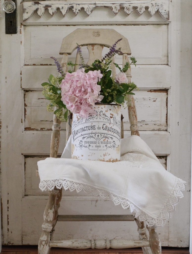 DIY vintage french tin on chippy paint chair