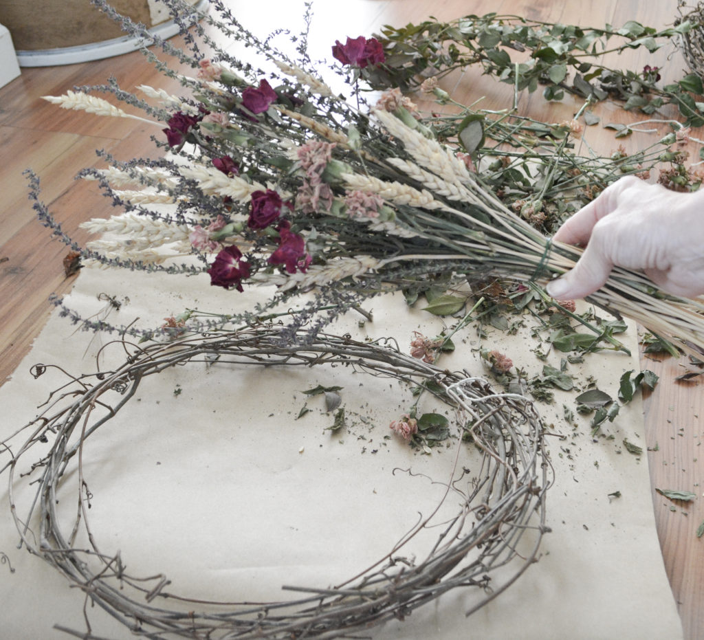 a bundle of dried florals for a wreath