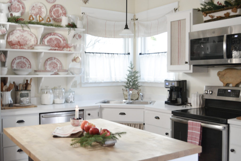 A red and white kitchen decorated for Christmas