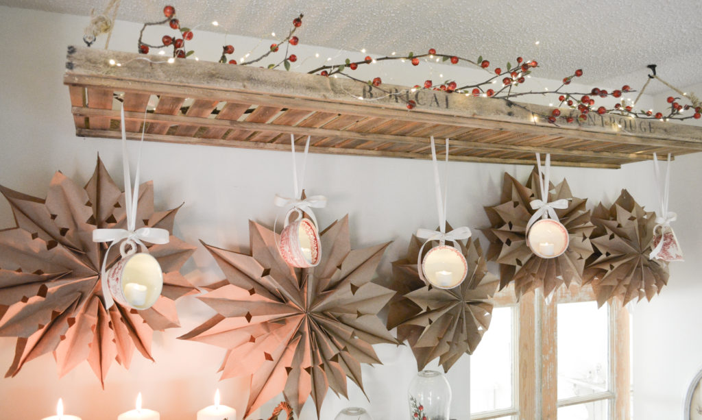 paper bag stars and hanging tea cups
