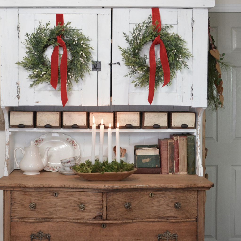 hutch top and buffet with farmhouse Christmas decor