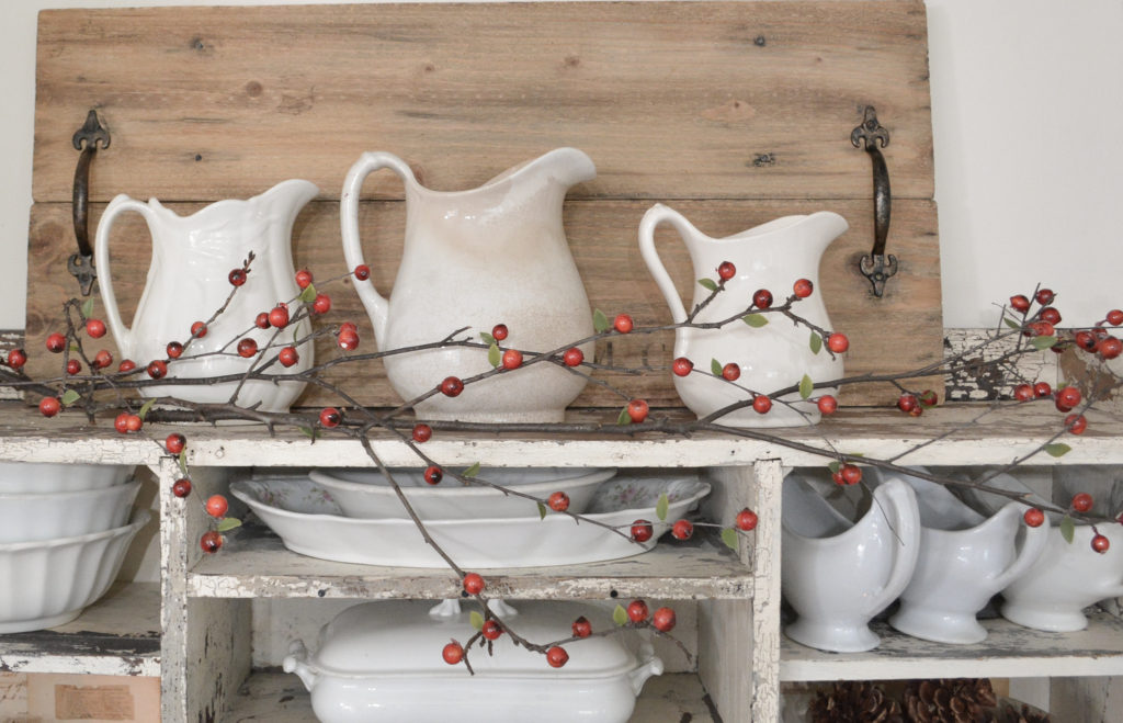 DIY realistic berry branches with white ironstone pitchers