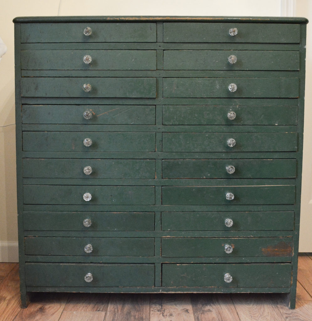 20 drawer green vintage cabinet