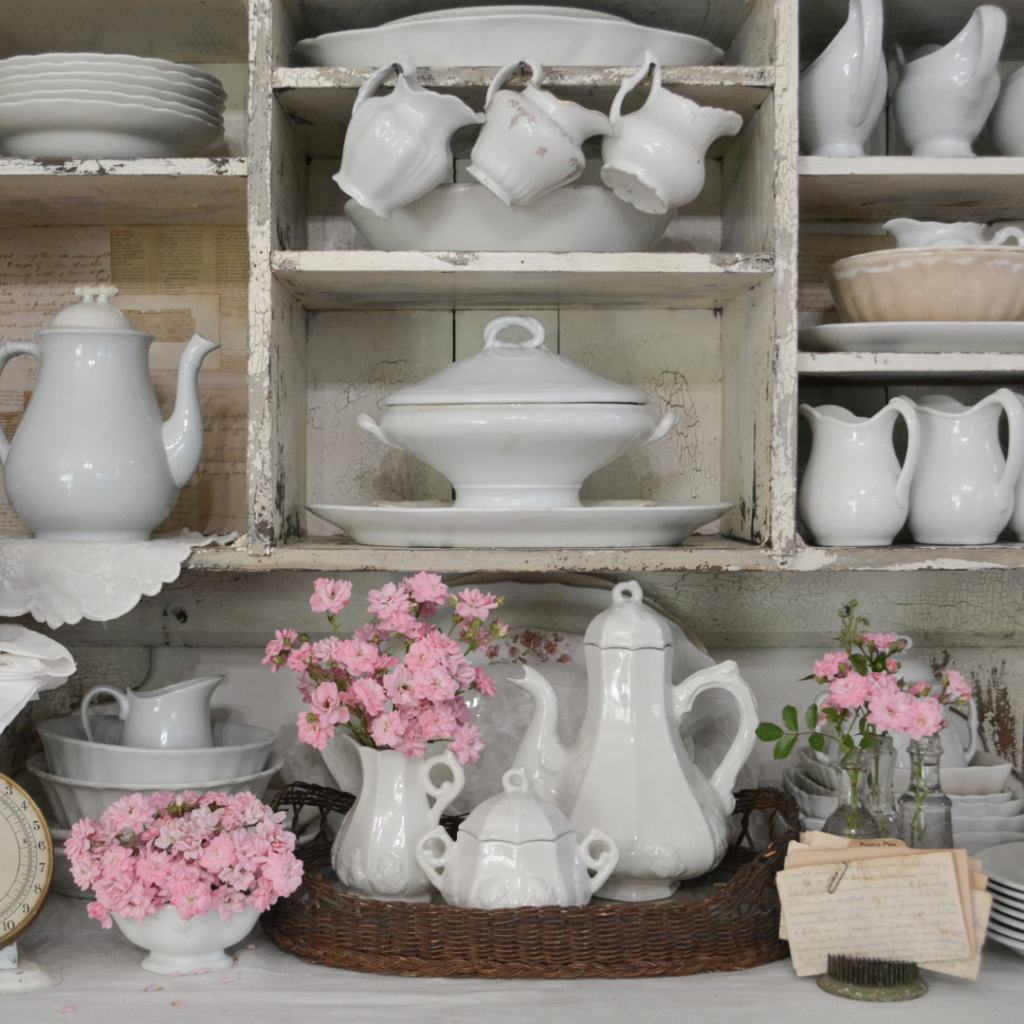 ironstone teapot set and fairy roses in white chippy hutch
