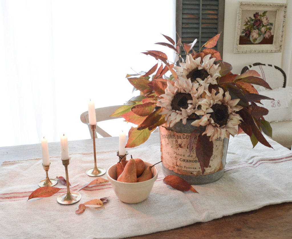 old bucket and grain sack fall centerpiece