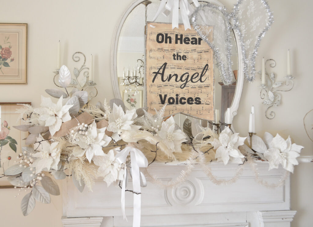 White Christmas mantel decor with tinsel angel wings
