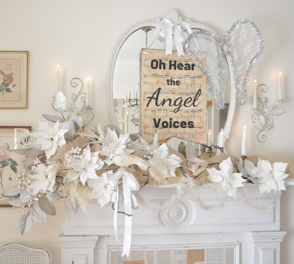 White decor and a sheet music scroll Christmas Mantel