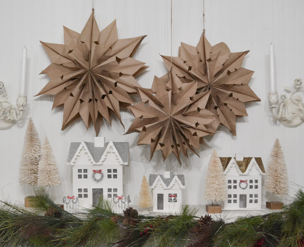 paper bag stars and paper mache houses for Christmas