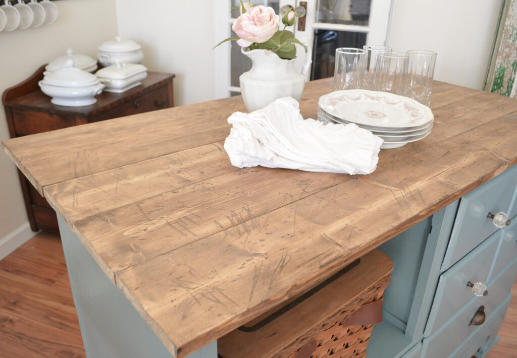Diy distressed wood top for rolling kitchen island