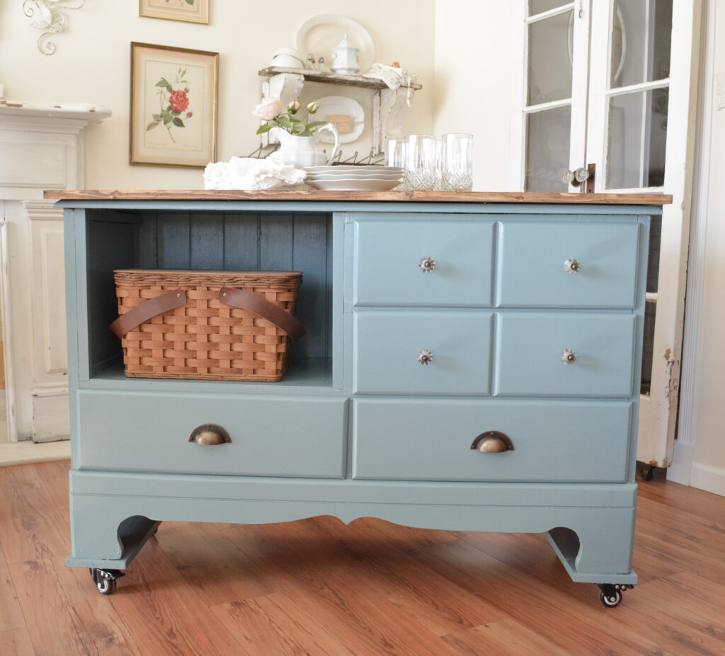 rolling kitchen island made from a vintage dresser