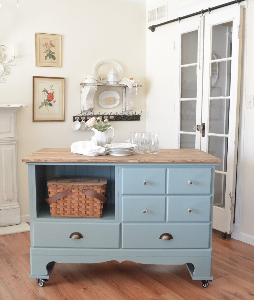 A dresser turned into a rolling kitchen island