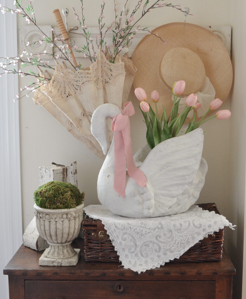 spring cottage vignette with tulips