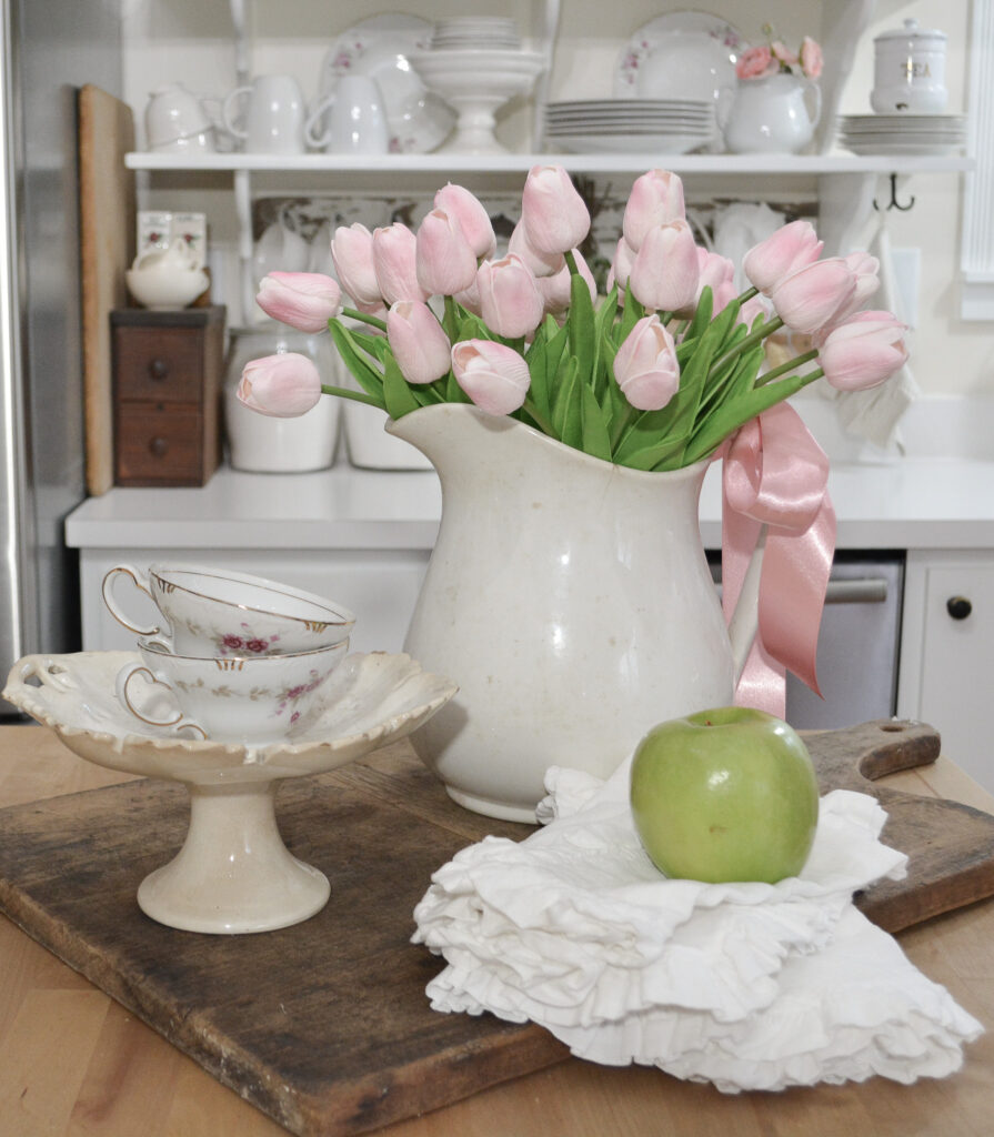 Ironstone pitcher with pink tulips