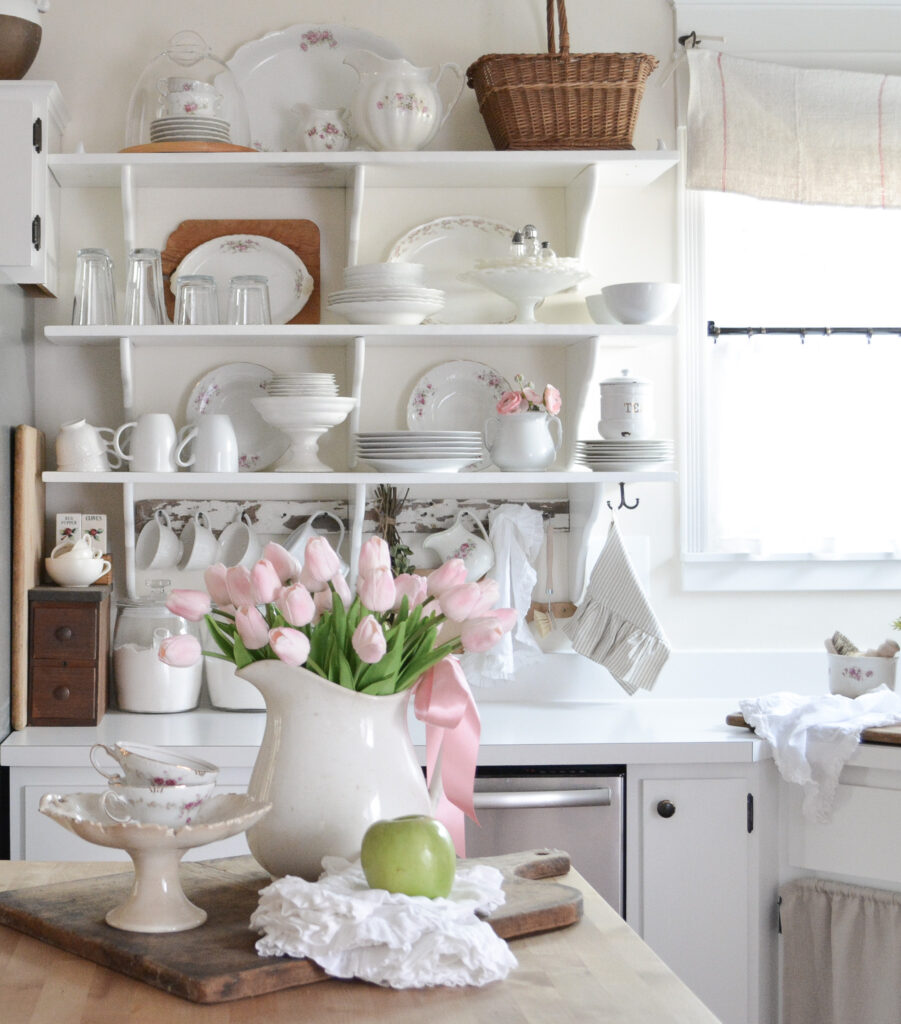 white and pink cottage style kitchen shaelves