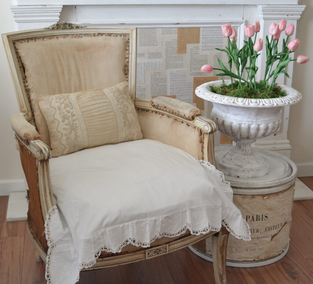 deconstructed french chair and urn tulip planter