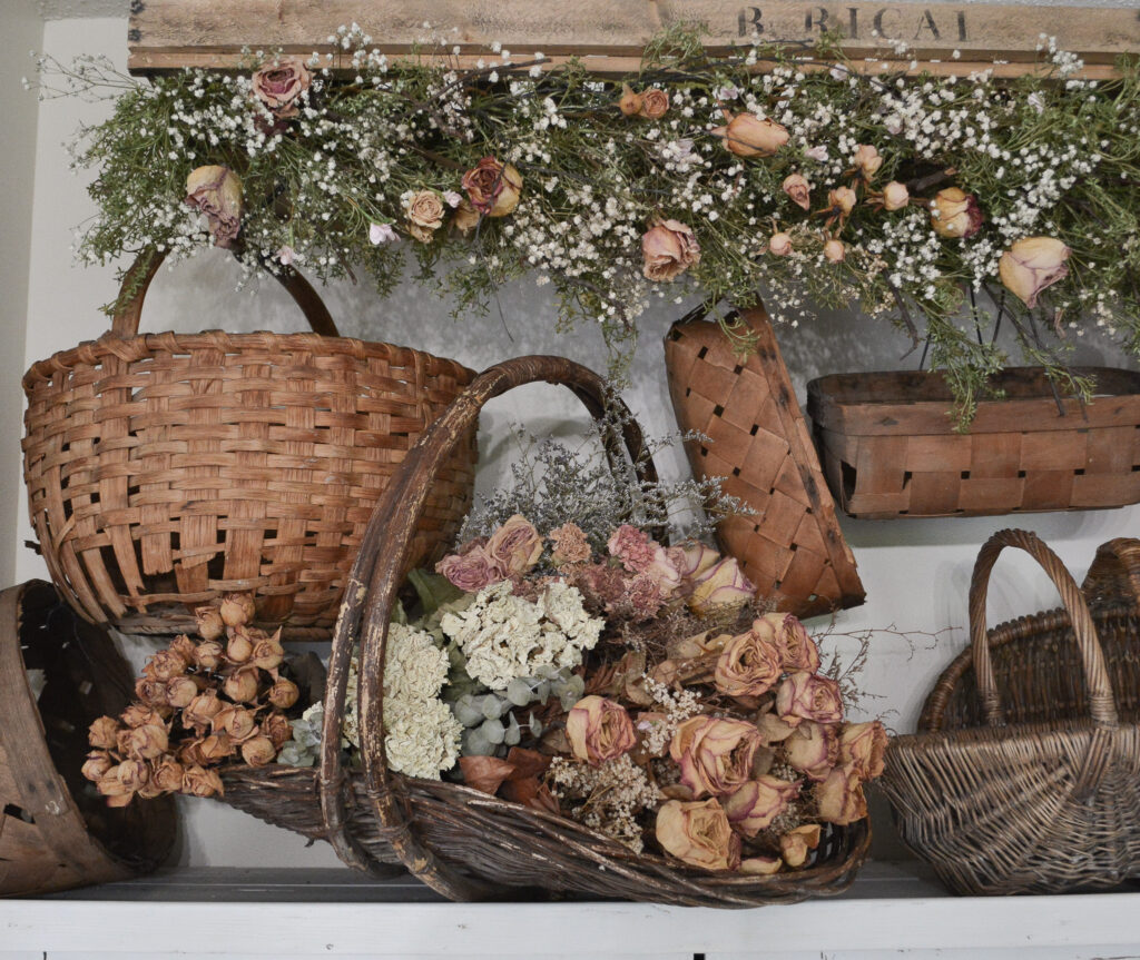A basket filled with dried flowers